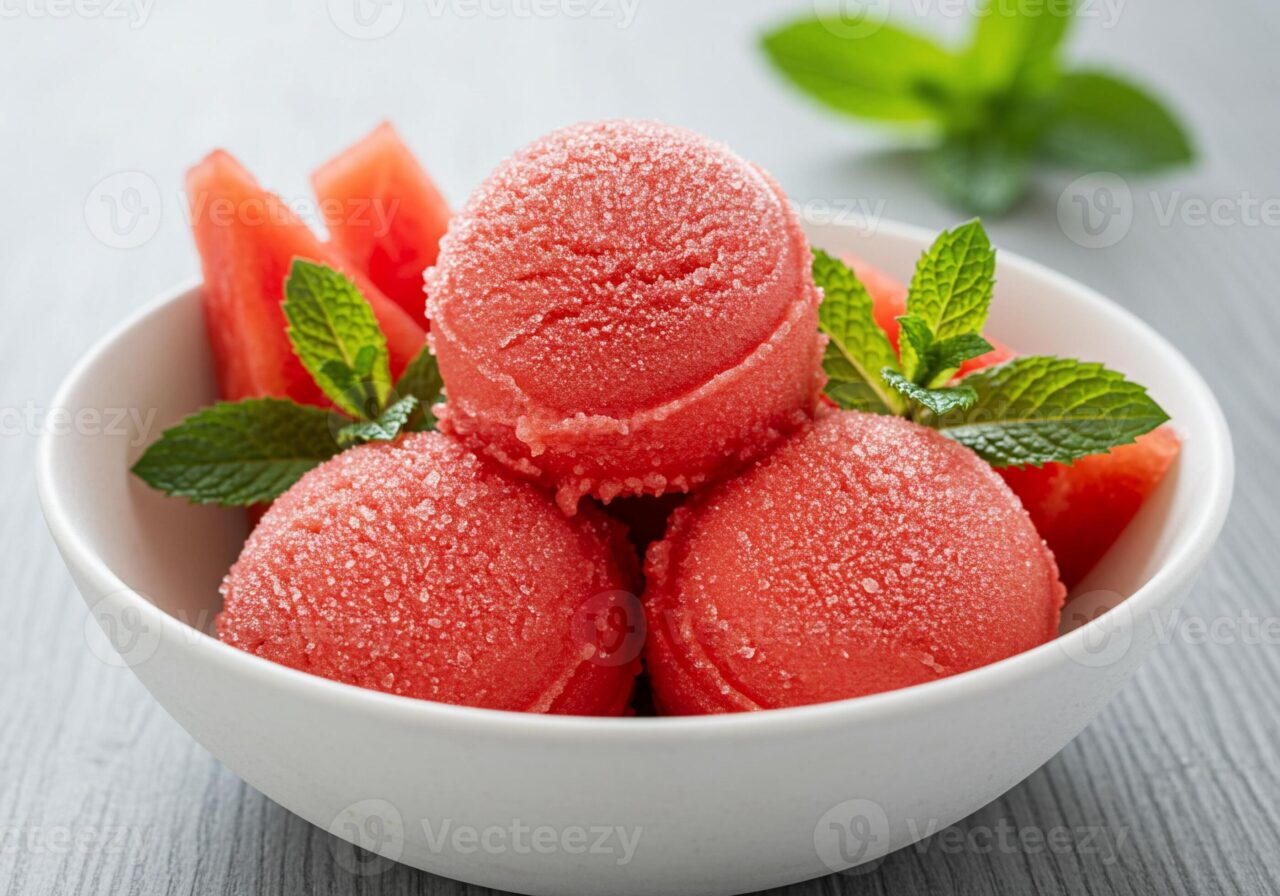Scoops of vibrant pink watermelon sorbet in a chilled white bowl garnished with fresh mint and a slice of watermelon on a bright summer table