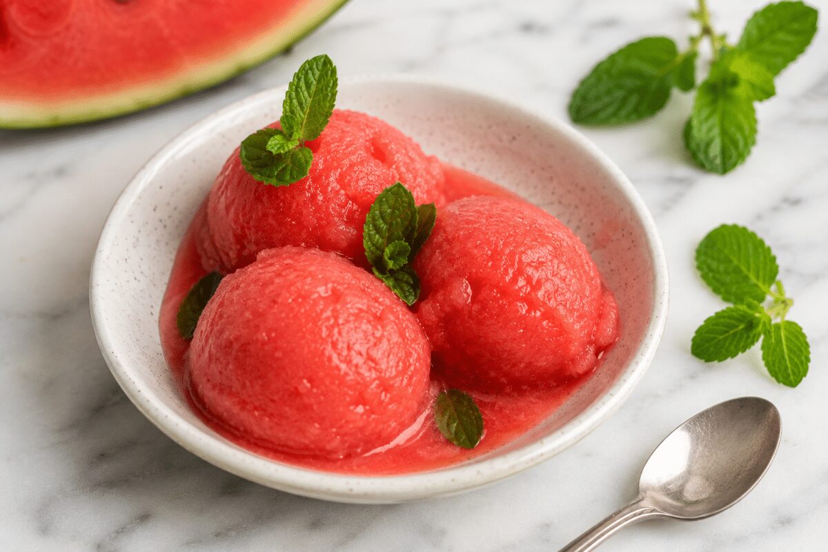 Close-up of a single scoop of watermelon sorbet in a sugar cone with a blurred summer backyard in the background, bright natural lighting