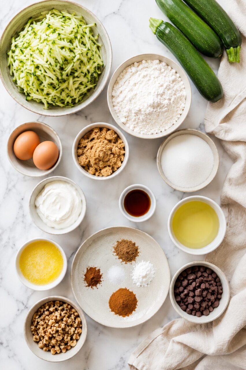 Overhead flat lay of zucchini bread ingredients including grated zucchini, cinnamon, brown sugar, eggs, flour, and oil arranged on a marble surface