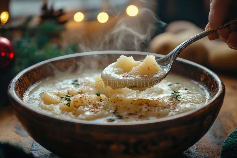 Close-up shot of a ladle pouring thick loaded baked potato soup into a white bowl, with steam rising and toppings of shredded cheddar, bacon, and chives visible in sharp focus