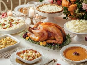 A beautifully styled Thanksgiving table spread with roast turkey, mashed potatoes, stuffing, cranberry sauce, green beans, and pumpkin pie arranged on a rustic wooden table with autumn leaves and candles
