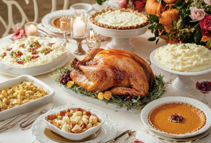 A beautifully styled Thanksgiving table spread with roast turkey, mashed potatoes, stuffing, cranberry sauce, green beans, and pumpkin pie arranged on a rustic wooden table with autumn leaves and candles